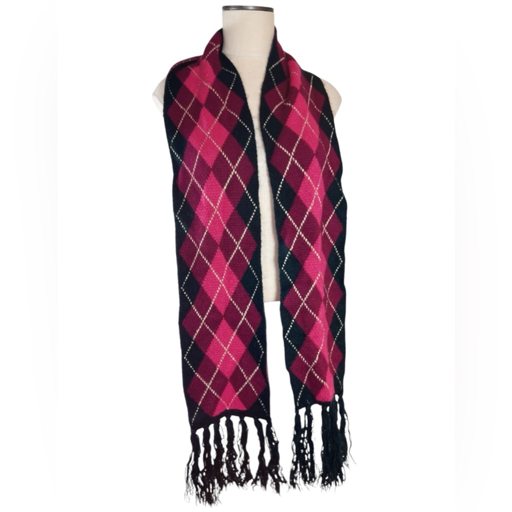 Reversible Argyle Knit Scarf with Tassel Fringe Heritage Print Dark Academia - Picture 2 of 4